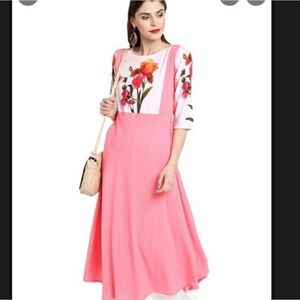 Take 50% OFF- Janasya Women’s Pink Poly Crepe Flared Kurta, Size-L